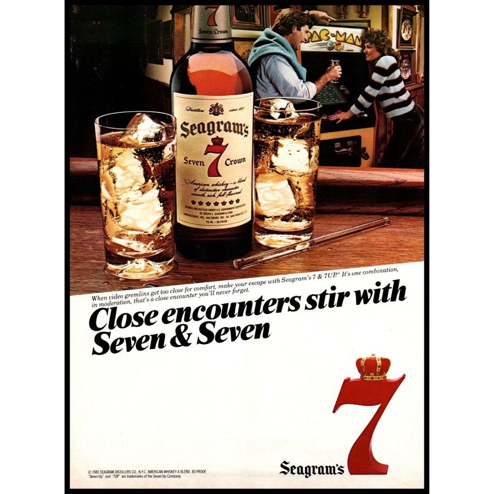1983 Seagram's 7 Seven Crown Whiskey Vintage Print Ad Pac-Man Arcade Wall Art